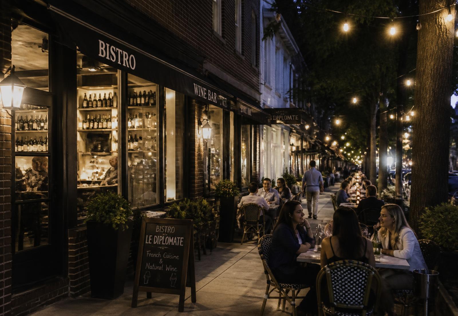 Evening on a Washington DC restaurant corridor with sidewalk tables and string lights
