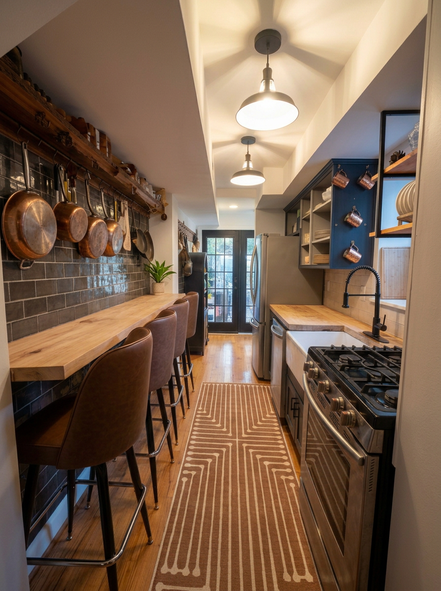 Renovated kitchen with butcher block, farmhouse lights, stainless-steel appliances and open cabinetry