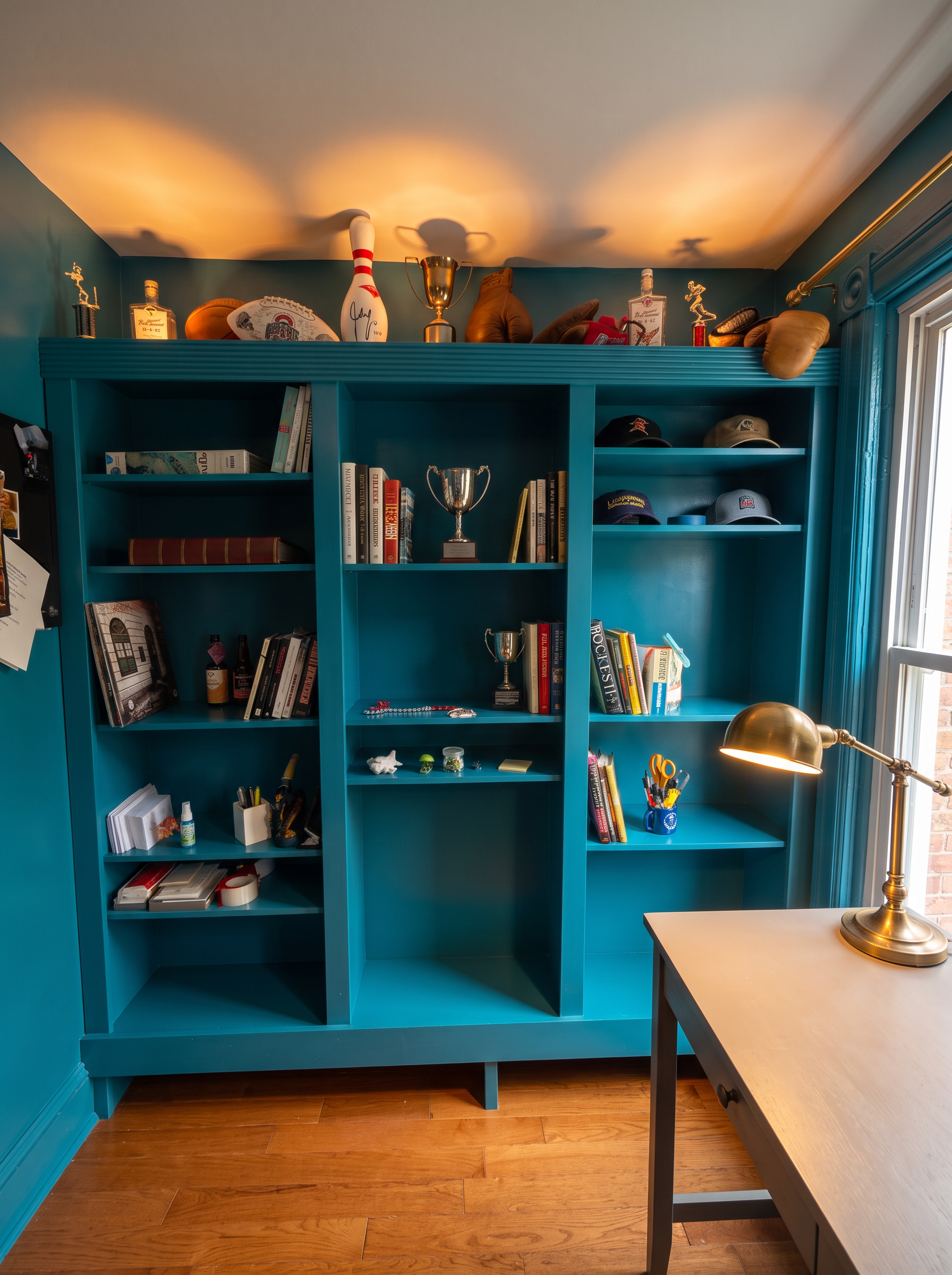Deep teal library with illuminated trophies, built-in bookcases and a desk beside the window